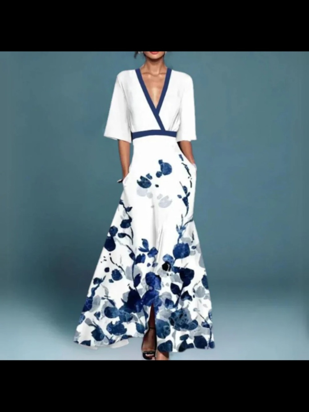 White Maxi Dress with Blue Floral Print and V-Neck Trim